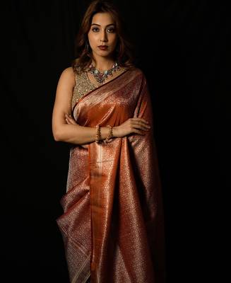 Rust satin woven saree with blouse 3