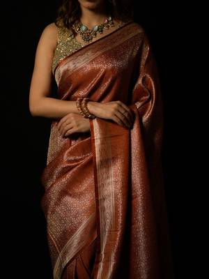 Rust satin woven saree with blouse 4