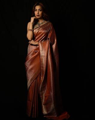 Rust satin woven saree with blouse 5