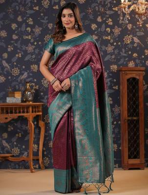 Burgundy ethnic motifs woven design silk blend kanjeevaram sarees 1