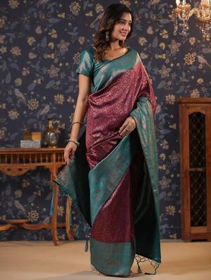 Burgundy ethnic motifs woven design silk blend kanjeevaram sarees 2