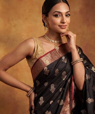 Black katan silk woven saree with blouse 2