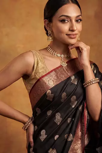 Black katan silk woven saree with blouse