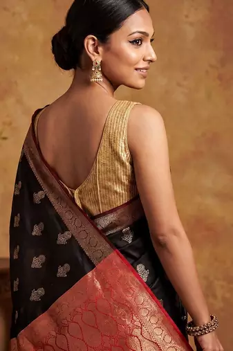 Black katan silk woven saree with blouse