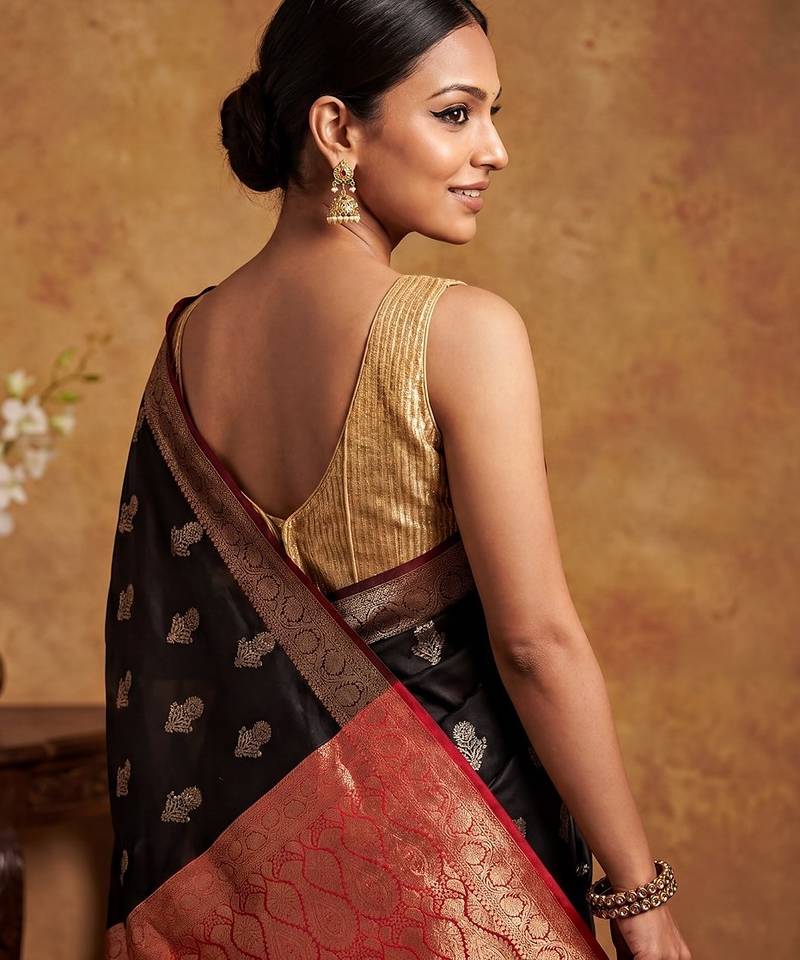 Black katan silk woven saree with blouse