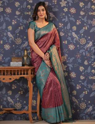 Burgundy ethnic motifs woven design silk blend kanjeevaram sarees 3