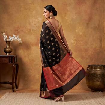 Black katan silk woven saree with blouse 4