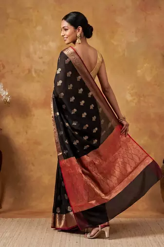 Black katan silk woven saree with blouse