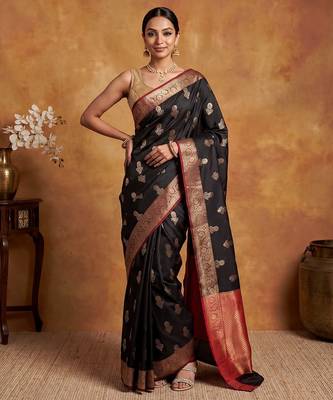 Black katan silk woven saree with blouse 1