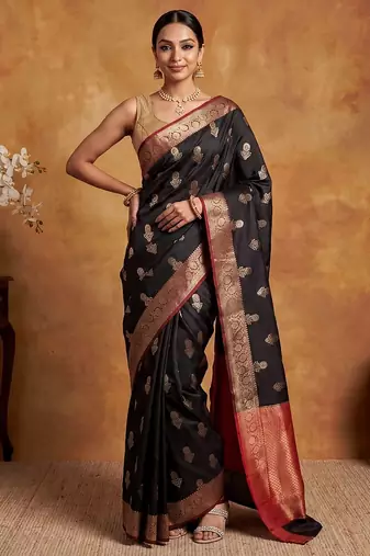 Black katan silk woven saree with blouse