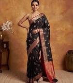 Black katan silk woven saree with blouse
