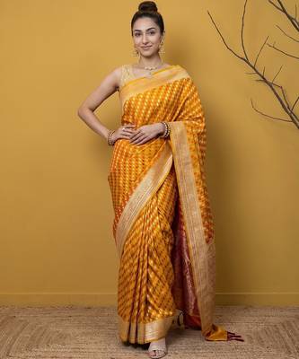 Mustard satin woven saree with blouse 1