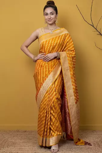 Mustard satin woven saree with blouse