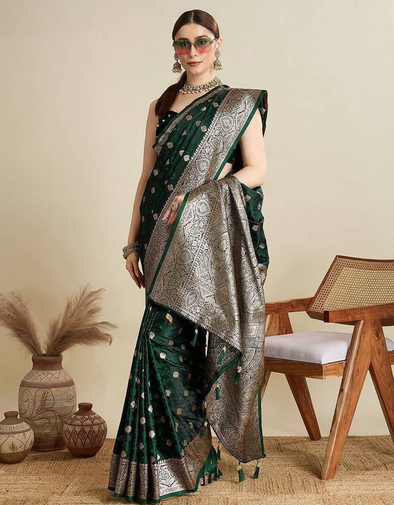 Green ethnic motif woven design zari banarasi saree