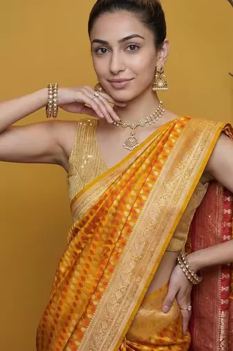 Mustard satin woven saree with blouse
