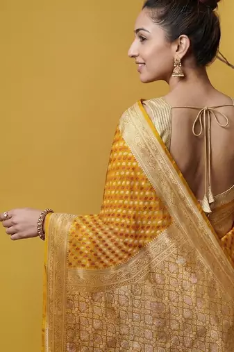 Mustard satin woven saree with blouse