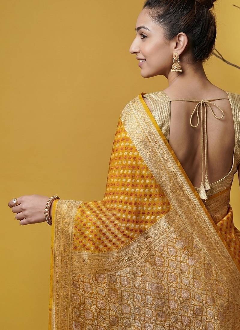 Mustard satin woven saree with blouse