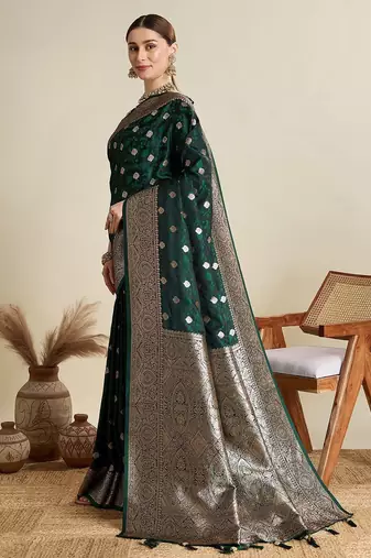 Green ethnic motif woven design zari banarasi saree