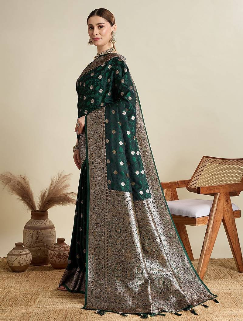 Green ethnic motif woven design zari banarasi saree