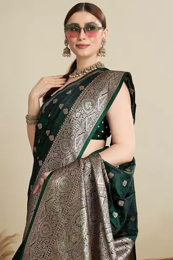 Green ethnic motif woven design zari banarasi saree
