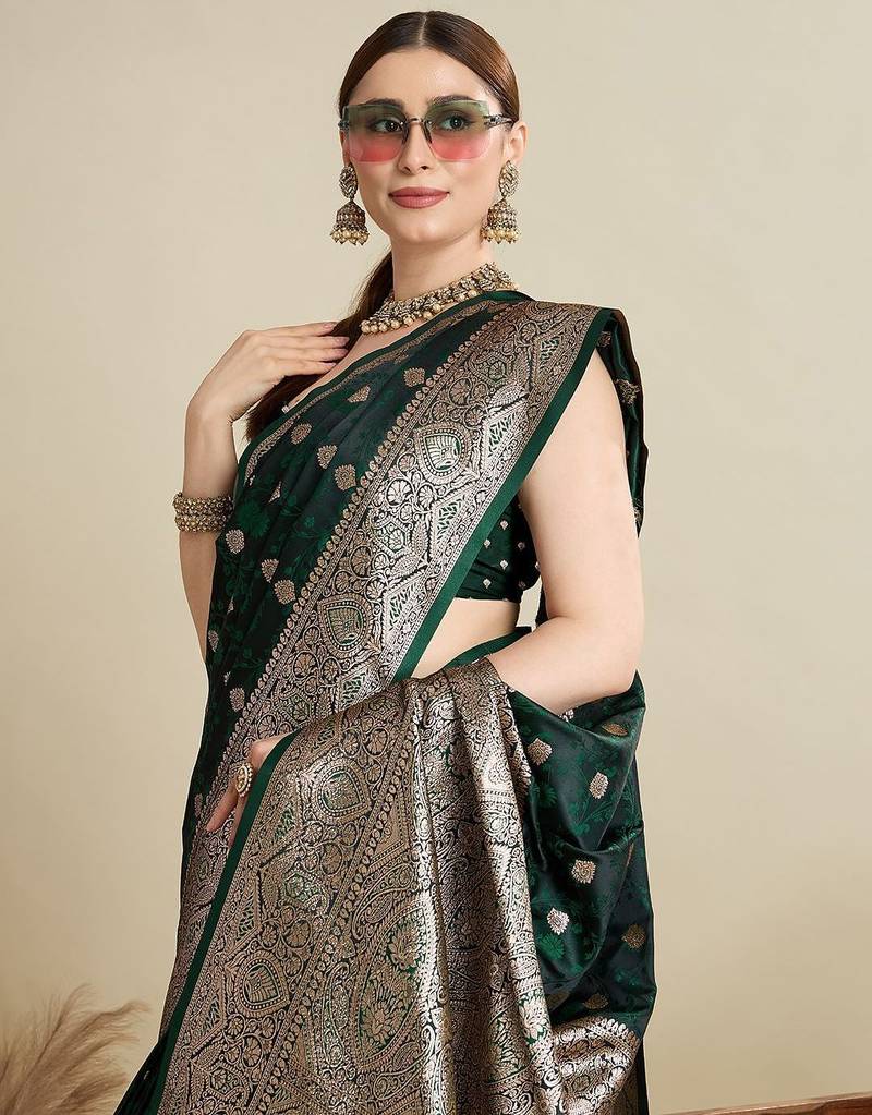 Green ethnic motif woven design zari banarasi saree