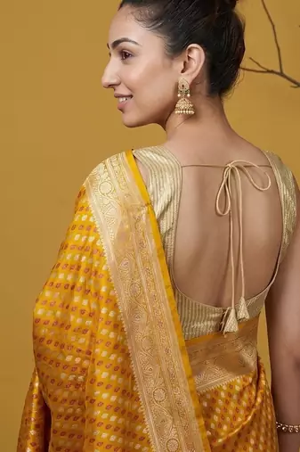 Mustard satin woven saree with blouse