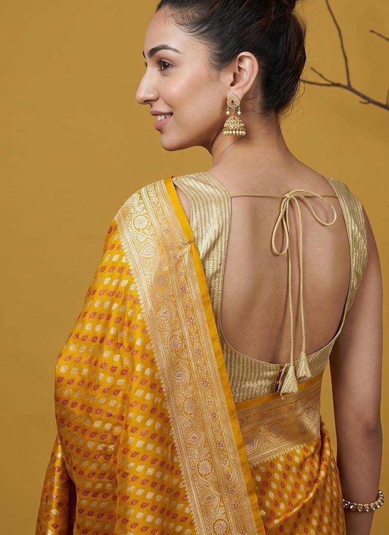 Mustard satin woven saree with blouse