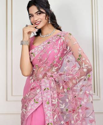 Pink embroidered work saree with blouse piece 1