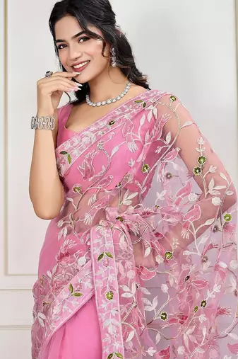 Pink embroidered work saree with blouse piece