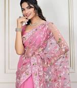 Pink embroidered work saree with blouse piece