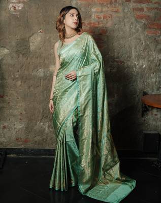 Pista-green satin woven saree with blouse 1