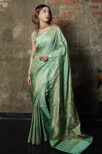 Pista-green satin woven saree with blouse