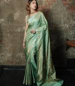 Pista-green satin woven saree with blouse