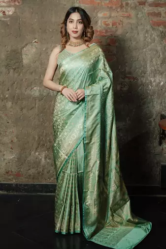 Pista-green satin woven saree with blouse