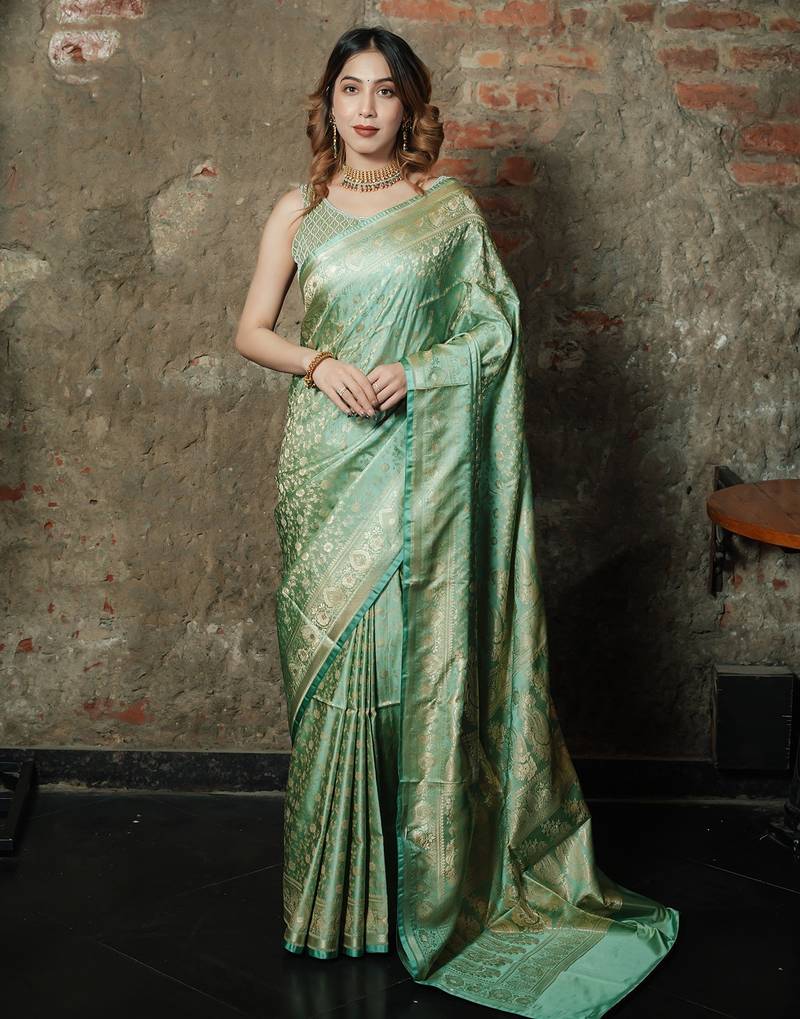Pista-green satin woven saree with blouse