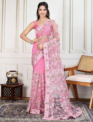 Pink embroidered work saree with blouse piece 2