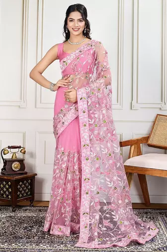 Pink embroidered work saree with blouse piece