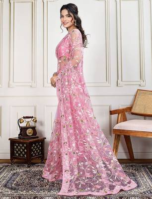 Pink embroidered work saree with blouse piece 3