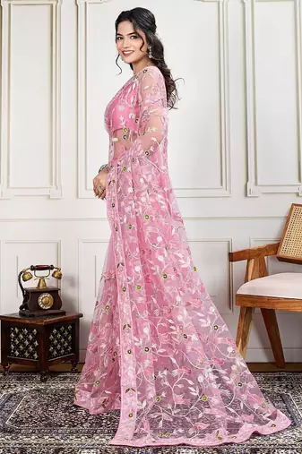 Pink embroidered work saree with blouse piece
