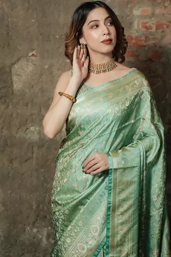 Pista-green satin woven saree with blouse
