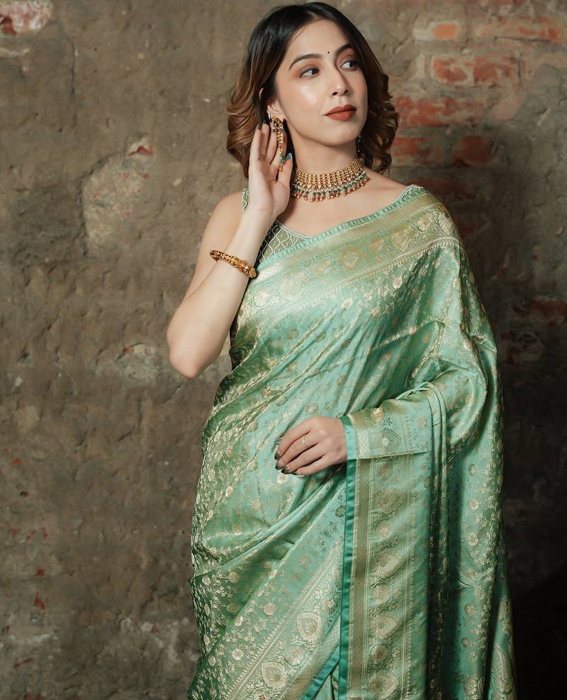 Pista-green satin woven saree with blouse