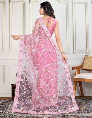 Pink embroidered work saree with blouse piece 4