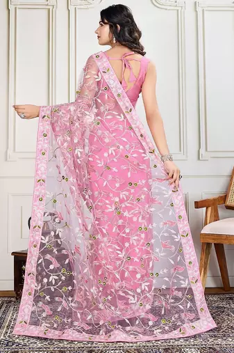 Pink embroidered work saree with blouse piece