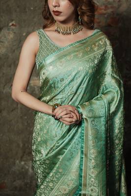 Pista-green satin woven saree with blouse 4