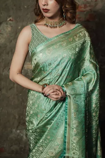 Pista-green satin woven saree with blouse