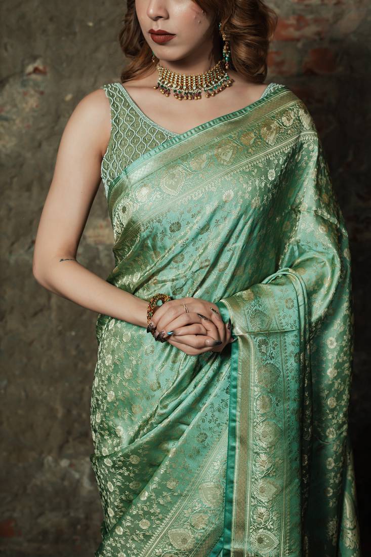 Pista-green satin woven saree with blouse