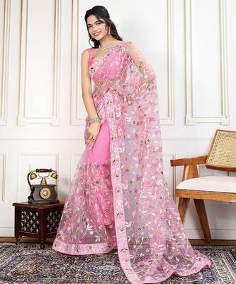 Pink embroidered work saree with blouse piece 5