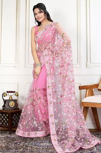 Pink embroidered work saree with blouse piece
