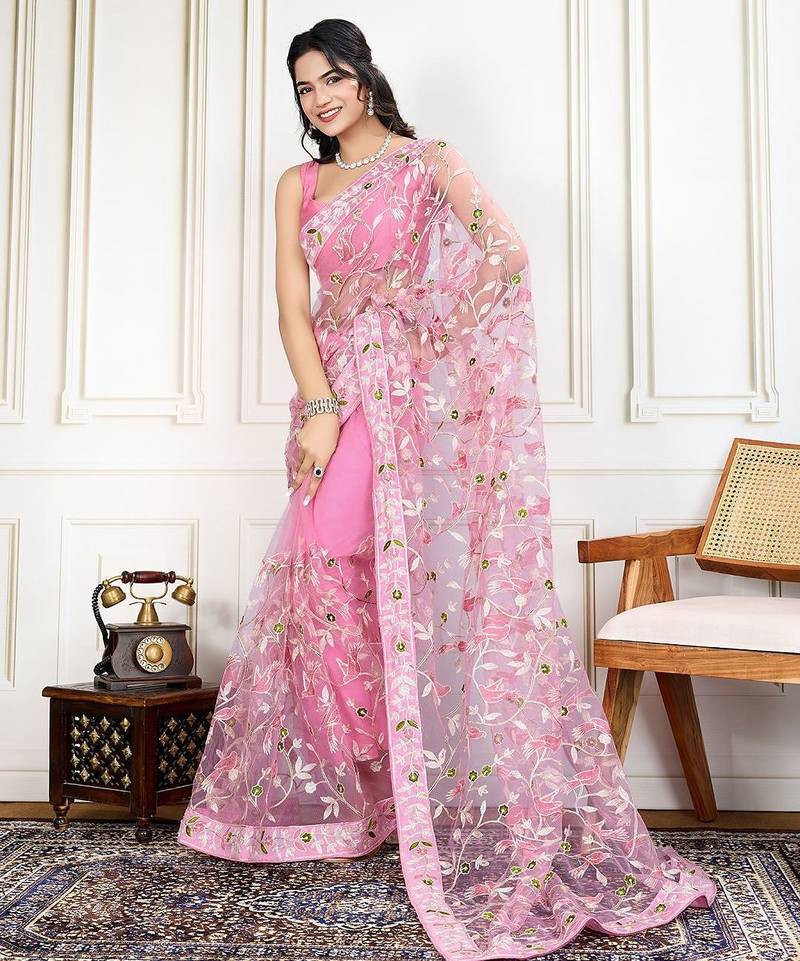 Pink embroidered work saree with blouse piece