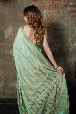 Pista-green satin woven saree with blouse 5